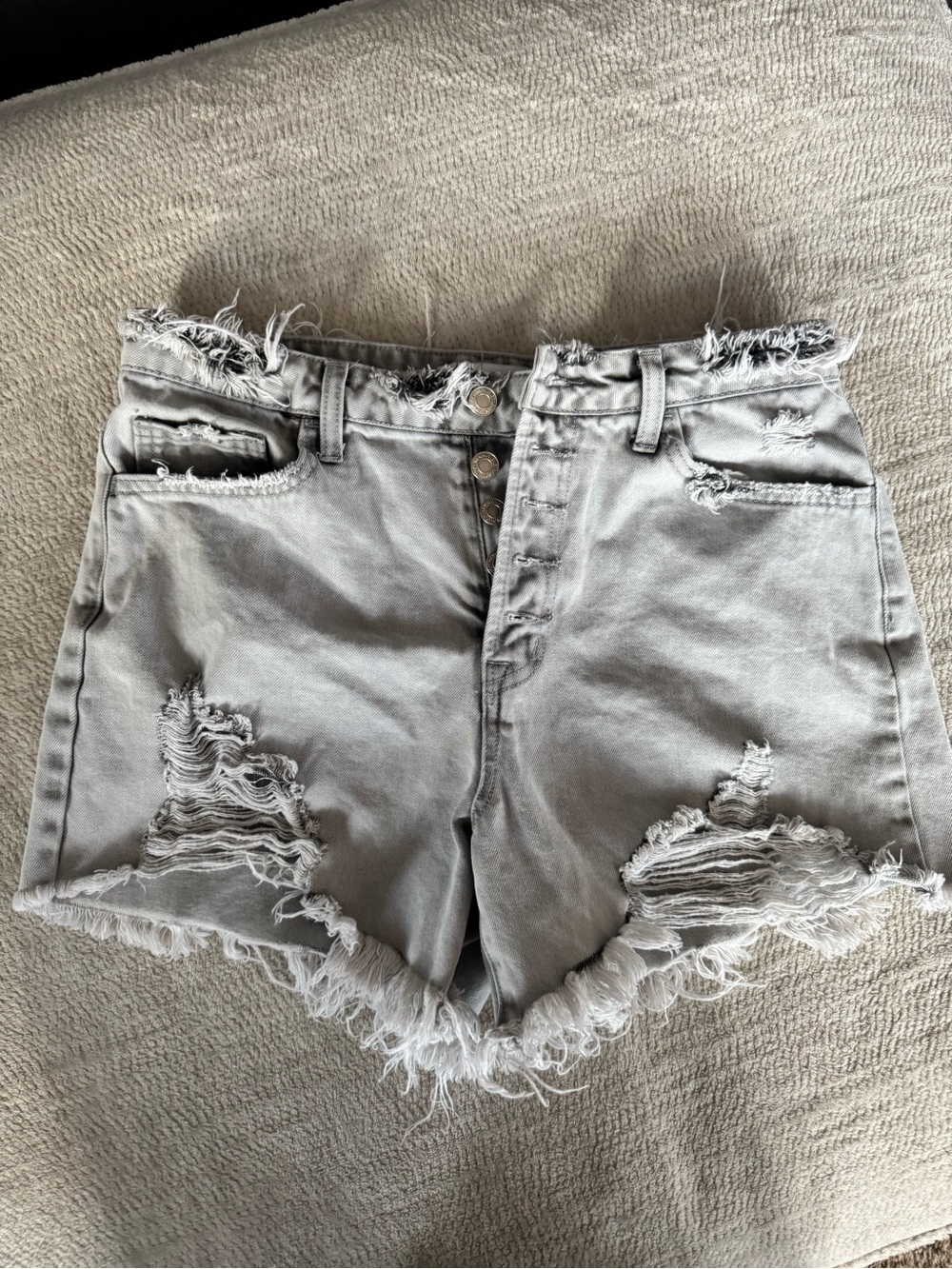 High-Rise Distressed Gray Denim Shorts